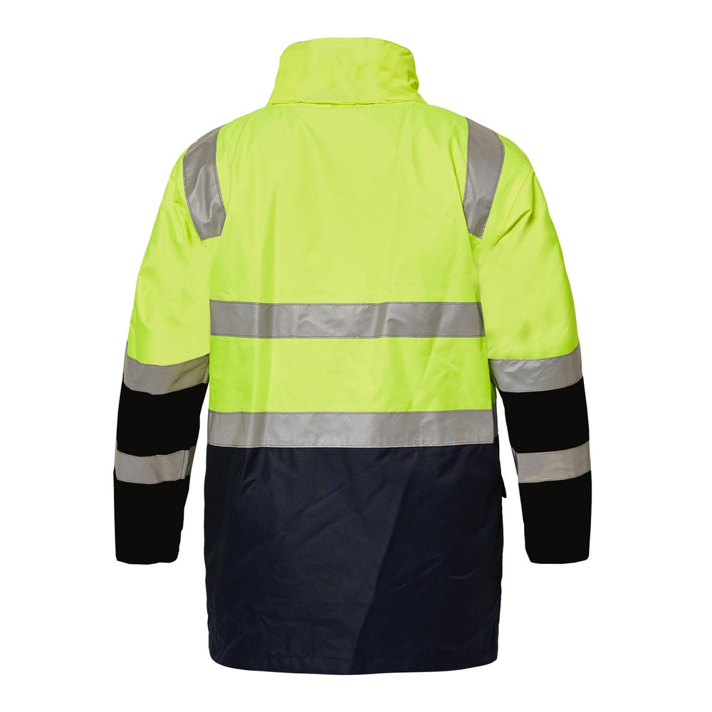 Back of reversible 6-in-1 workwear jacket in yellow and navy with bio-motion tape