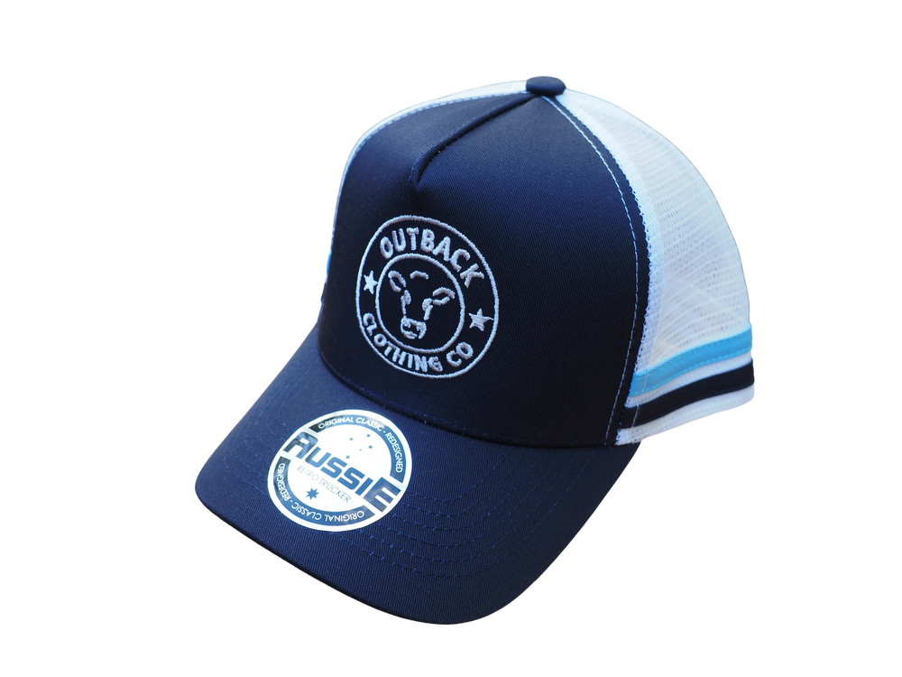 Angled view showing adjustable white snapback closure and breathable white mesh of the Karijini Kids Trucker Cap.