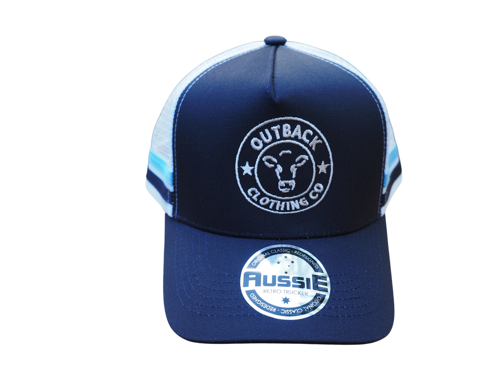 Front view of Karijini Kids Trucker Cap in navy with white OCC logo embroidery and blue double side stripes.