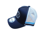 Left side angle of Karijini Kids Trucker Cap showing navy front panel, white mesh back, and bright blue stripes.