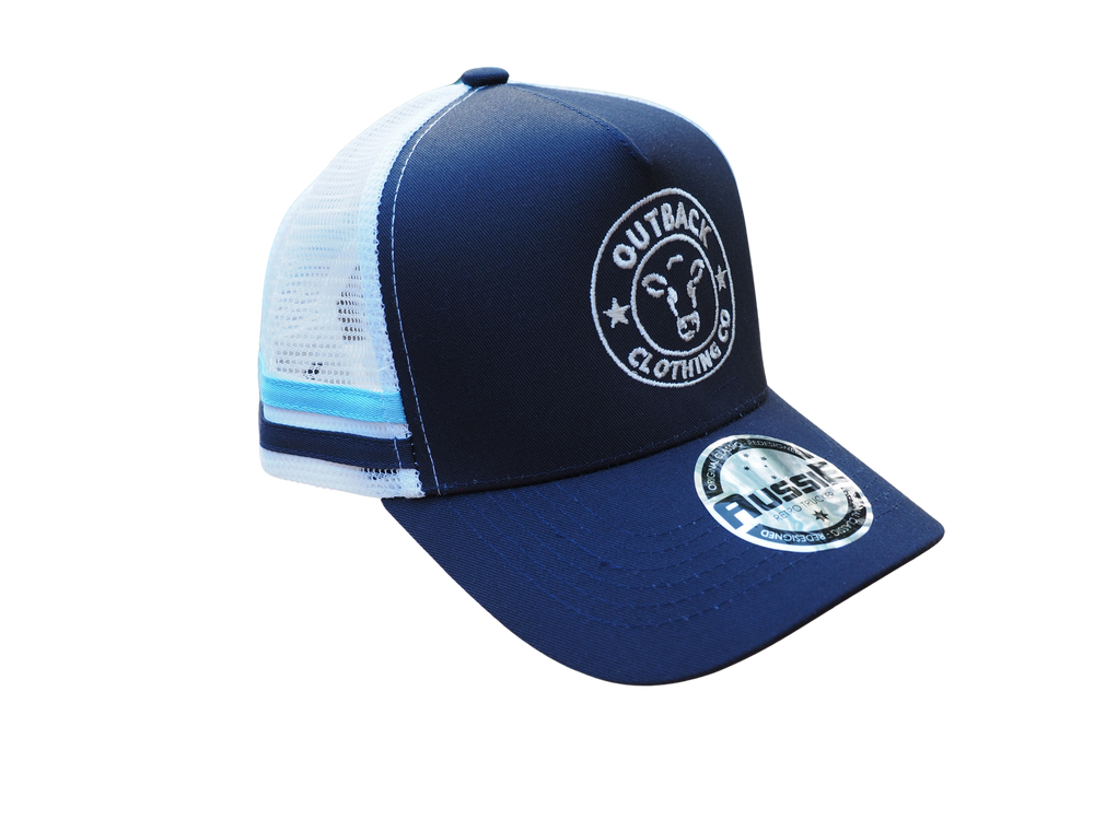 Right side angle of Karijini Kids Trucker Cap showing navy front panel, white mesh back, and bright blue stripes.