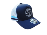 Right side angle of Karijini Kids Trucker Cap showing navy front panel, white mesh back, and bright blue stripes.