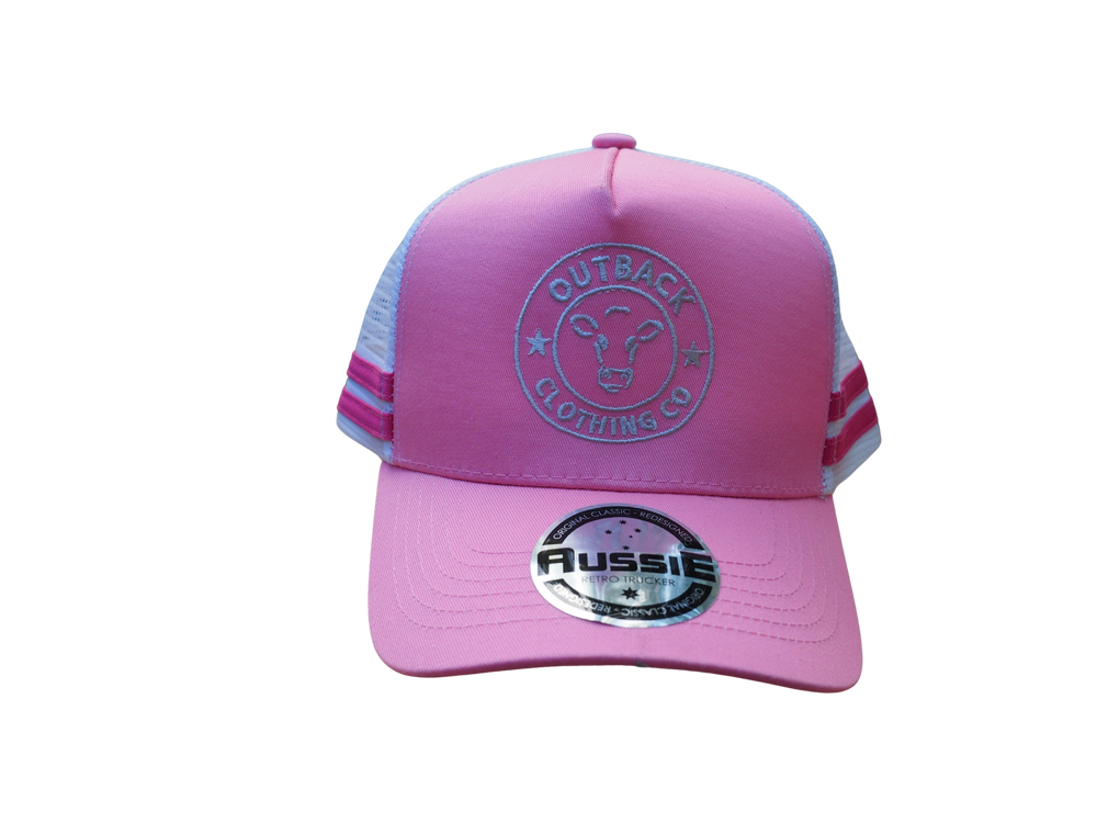 Front view of Karijini Kids Trucker Cap in pink with white OCC logo embroidery, white mesh back, and double hot pink side stripes.