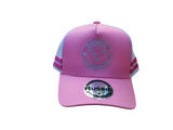 Front view of Karijini Kids Trucker Cap in pink with white OCC logo embroidery, white mesh back, and double hot pink side stripes.