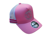 Right side angle of the Karijini Kids Trucker Cap showing pink front panel, white mesh, and vibrant hot pink double stripes.