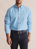 Front view of S.Kidman Holstein Long Sleeve Shirt in Pale Blue gingham, showing relaxed fit and long sleeves.