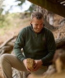 Close-up of the Mariner Jumper's soft cotton-blend knit texture in Olive, with reinforced stitching.