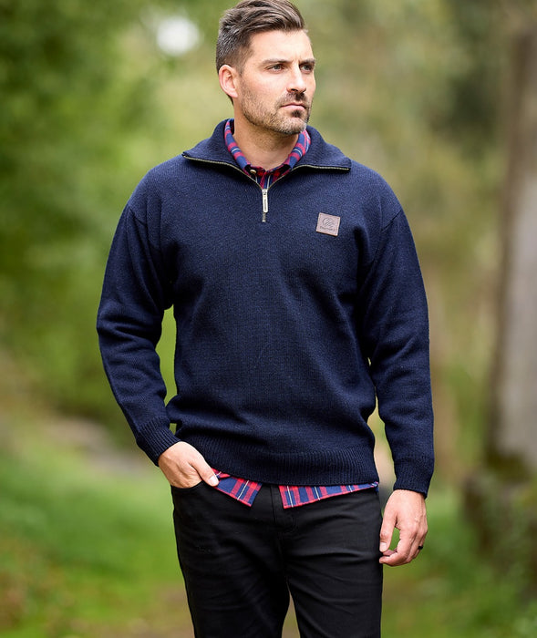 Mariner Jumper Navy Blue - Front angle showcasing cable-knit pattern, ribbed hem, and buttoned placket.