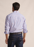 Rear view of S. Kidman Dexter Long Sleeve Shirt in mid blue showing pleated back yoke and longer back tail for added comfort and fit.