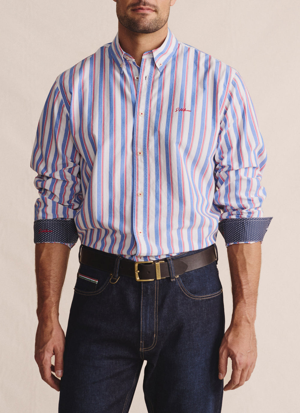 Front view of S. Kidman Dexter Long Sleeve Shirt in mid blue candy stripe with button-up front and chest pockets