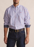 Front view of S. Kidman Dexter Long Sleeve Shirt in mid blue candy stripe with button-up front and chest pockets