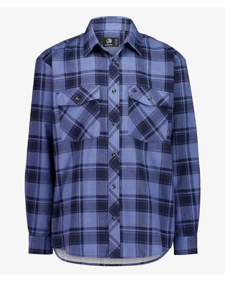 Swanndri Egmont Desert Blue brushed cotton flannel shirt with dusty blue and navy check pattern