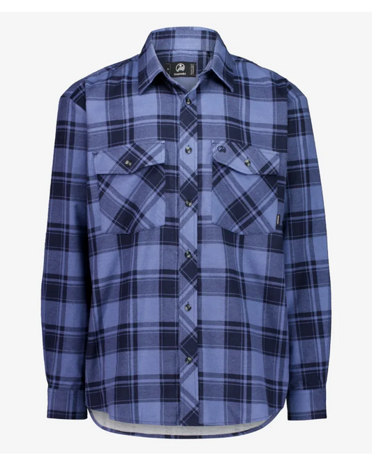 Swanndri Egmont Desert Blue brushed cotton flannel shirt with dusty blue and navy check pattern