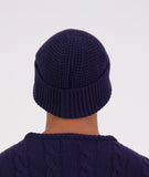 Back view of Swanndri Newton Beanie in blue – ribbed knit wool design and smooth finish.