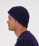 Swanndri Newton Beanie blue – left side angle highlighting ribbed pattern and fit.