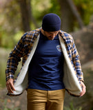 Person wearing a plaid jacket with a sherpa lining, navy beanie, and blue shirt with logo, standing outdoors.