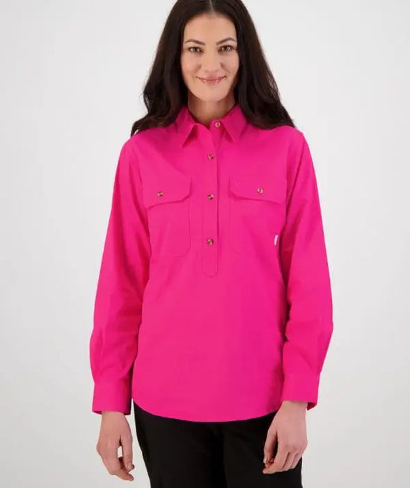 Women's bright-pink half-button long-sleeve casual shirt by Outback Clothing Co – relaxed fit with roll-up sleeves for versatile styling