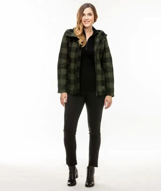 Front view of Seattle Wool Hoodie in Olive/Black – women's midweight wool jacket with zip closure