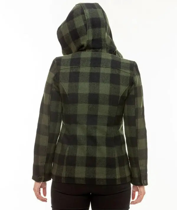 Back view of Seattle Wool Hoodie in Olive/Black – showcasing contoured fit and hood design