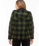 Back view of Seattle Wool Hoodie in Olive/Black – showcasing contoured fit and hood design