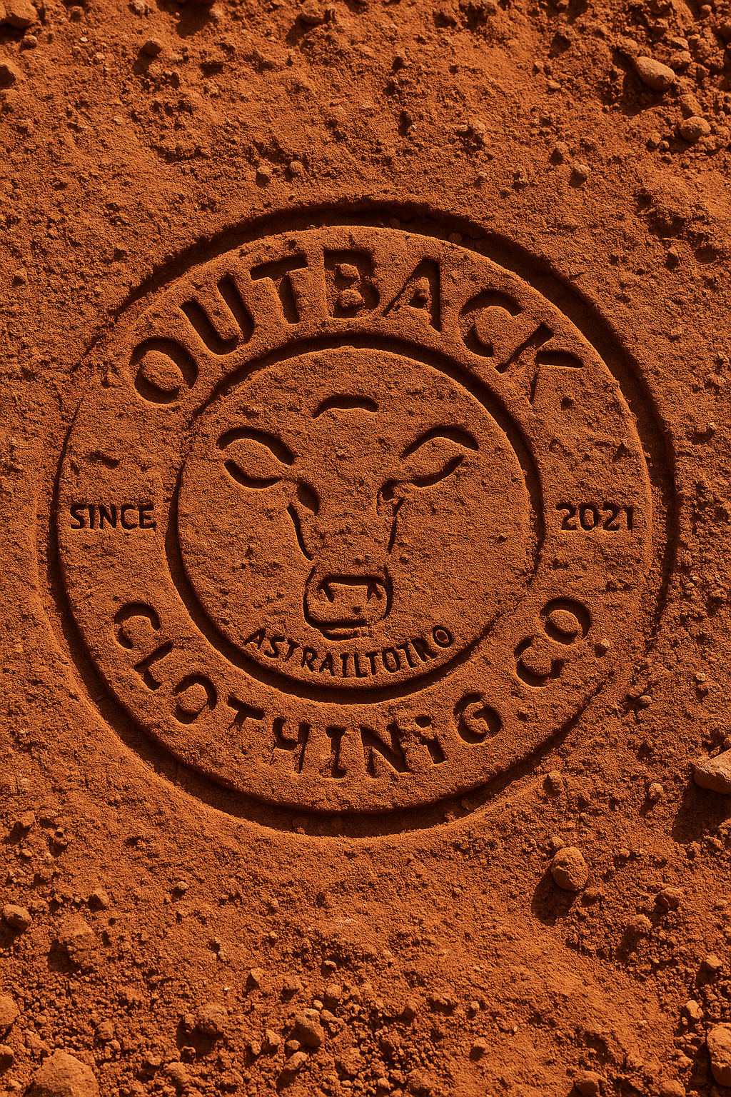 A rugged impression of the Outback Clothing Co logo stamped into rich, reddish-brown outback soil, featuring a circular design with a cow face at the center and bold lettering around the edge, surrounded by dry, textured dirt and small stones.