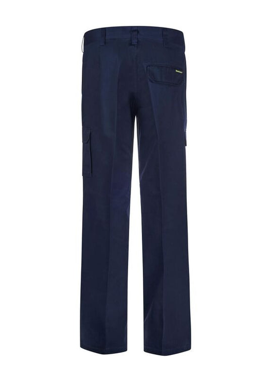 Back detail of navy women's cargo trousers, showing reinforced stitching and rear pockets.