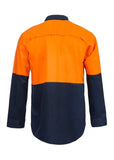 Rear view of hi-vis safety shirt with reflective stripes and vented panels for airflow.