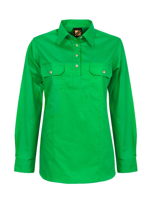 Workcraft Ladies Half-Placket Cotton Work Shirt – ELECTRIC GREEN front