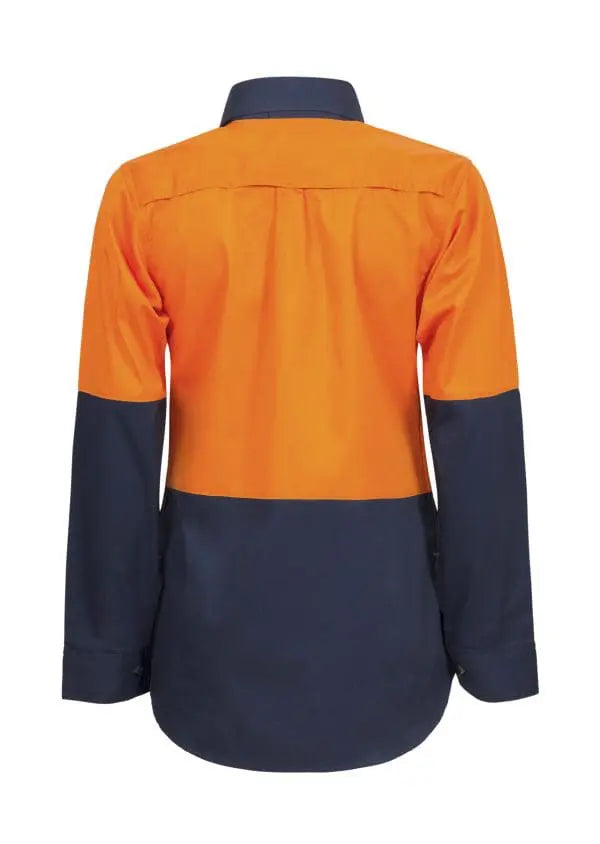 Back view of women's hi-vis shirt showing vented panels for airflow