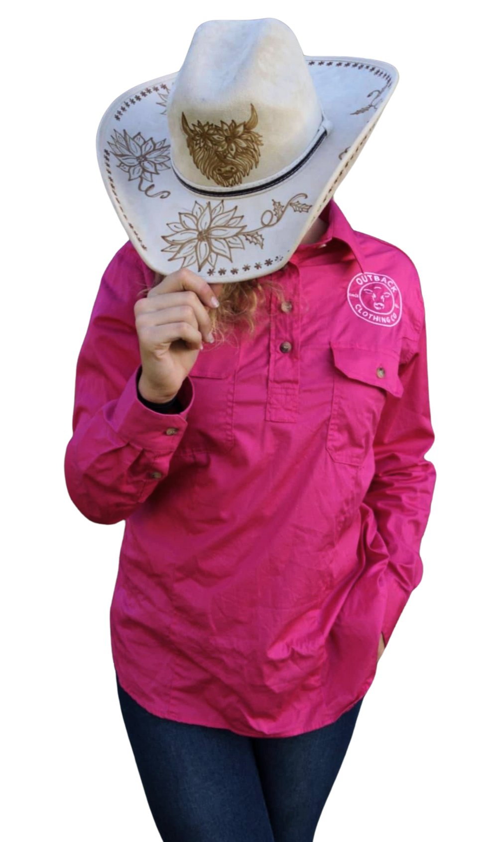 OCC pink embroidered cotton shirt women's long sleeve half‑button