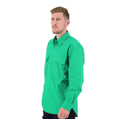 Rugged button cuffs on men's long sleeve shirt for versatile styling and sun protection.