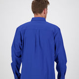 Back Detail of Men's Electric Blue Full Button Long-Sleeve Shirt - Durable Outdoor-Ready Design