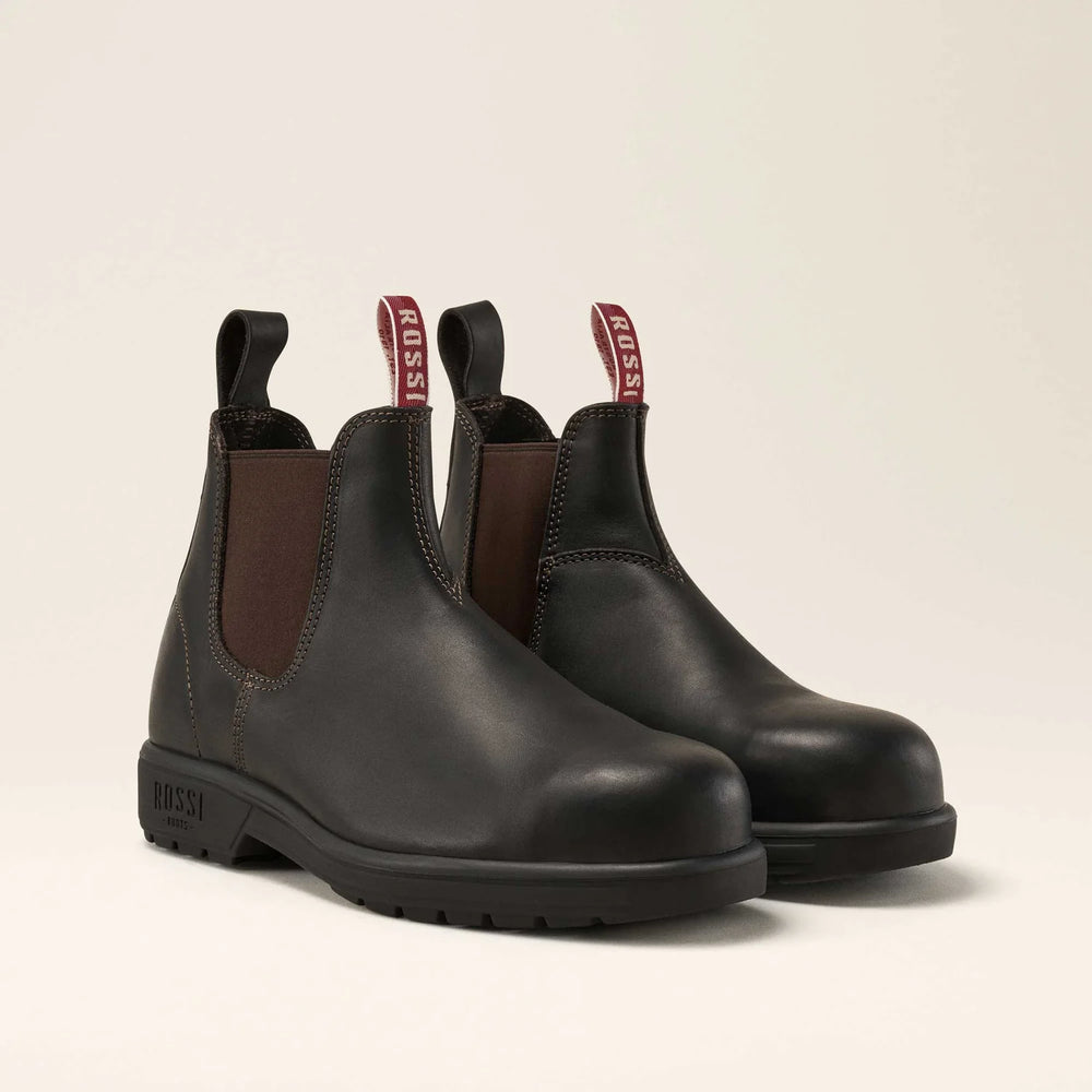 700 Trojan Elastic Side Safety Boot front view with reinforced toe and black leather design.