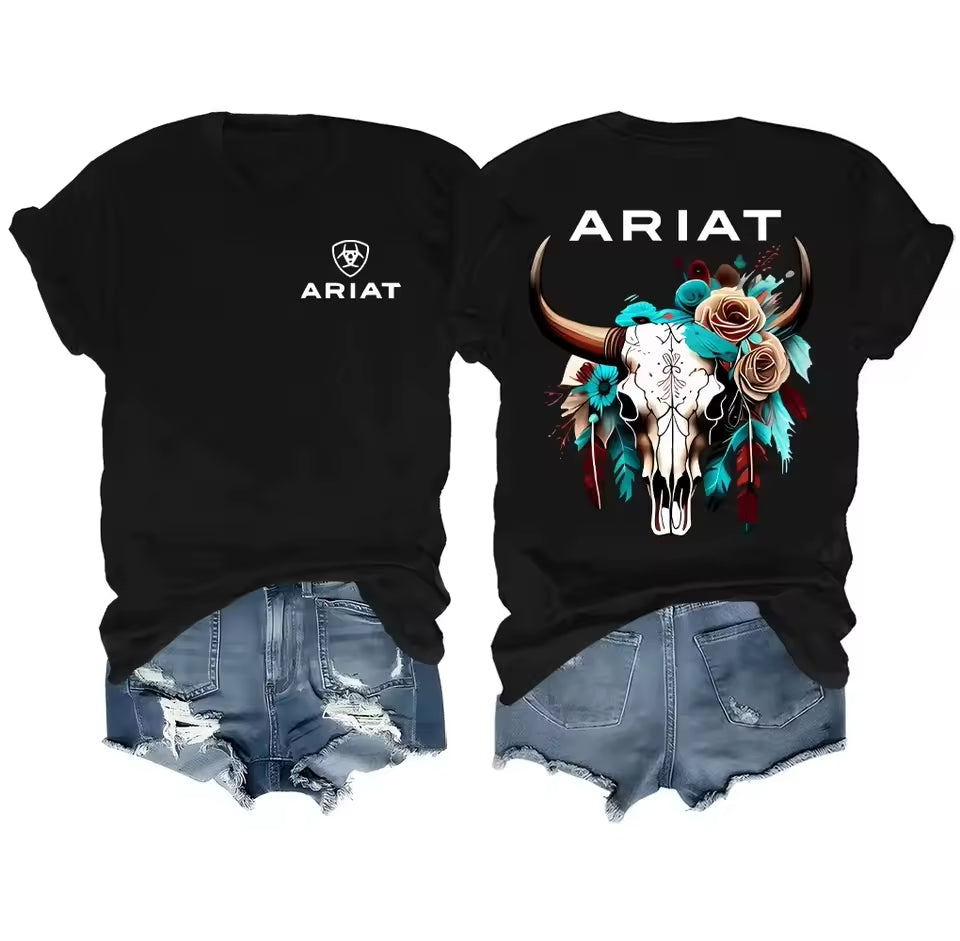 Ariat Wild Bull Skull Floral T-Shirt in Black – Front View