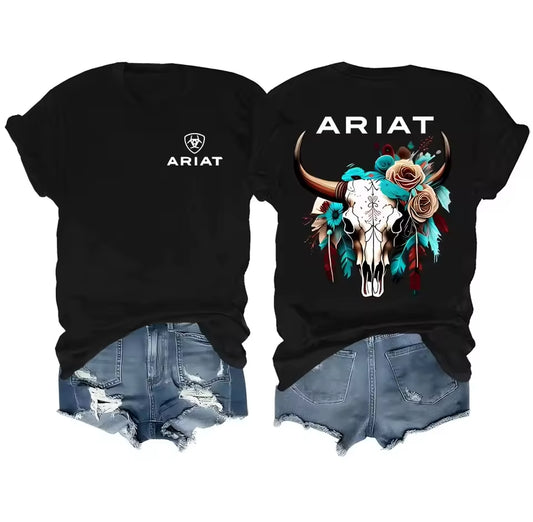 Ariat Wild Bull Skull Floral T-Shirt in Black – Front View