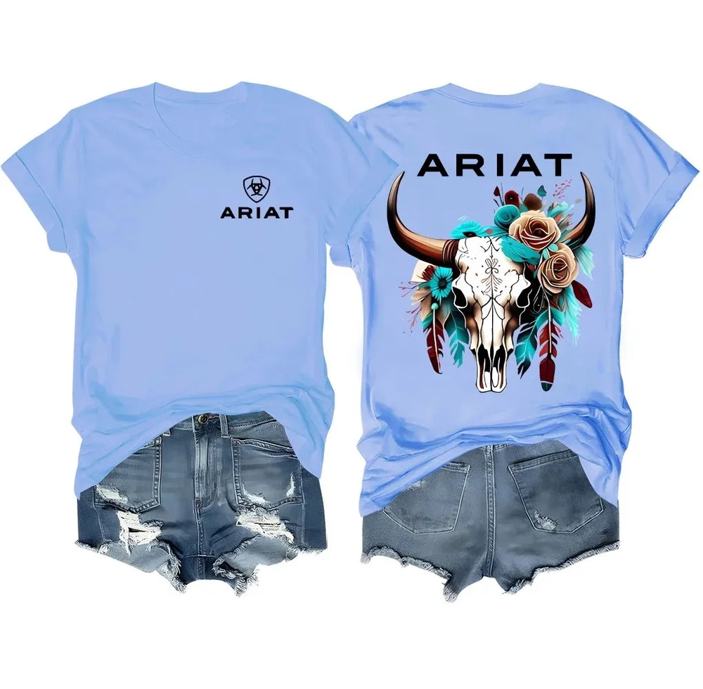 Ariat Wild Bull Skull Floral T-Shirt in Blue – Styled Shot