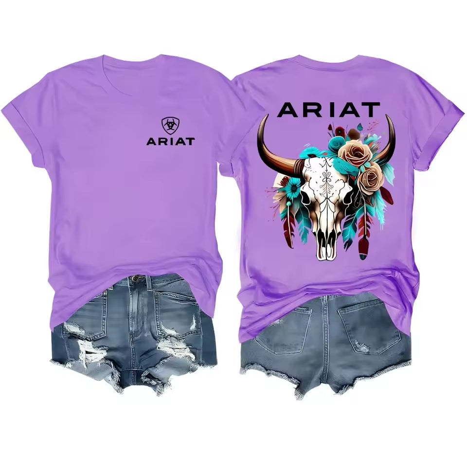 Ariat Wild Bull Skull Floral T-Shirt in Purple – Lifestyle Image