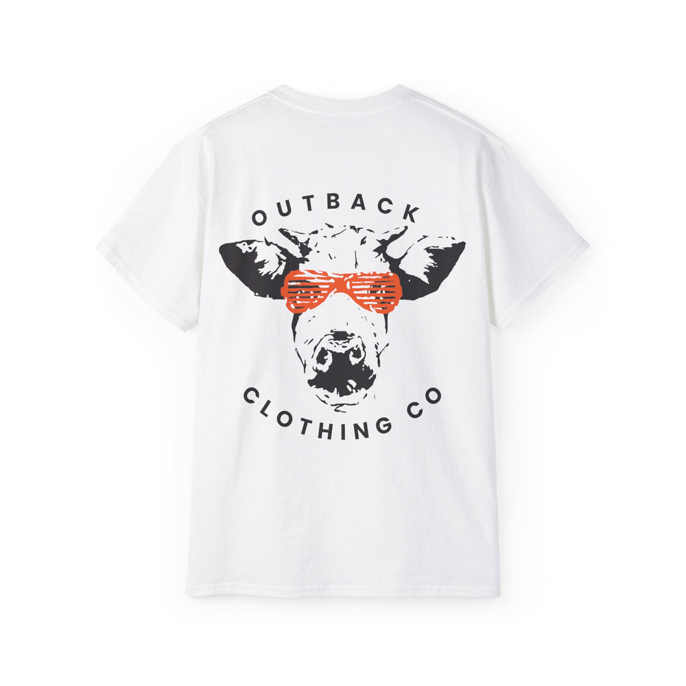 Back design of OCC Orange Cool Cow Tee with cool cow print