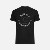 Back view of OCC Classic Black Tee showcasing neon green cow logo