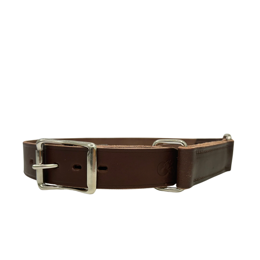 Boss Cocky Saddlers Hobble Belt BL46DB in heavy genuine saddle leather with nickel hobble buckle and square fittings.