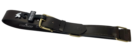 Boss Cocky Jackaroo Belt BL66DB in deep brown full-grain leather with nickel buckle, displayed coiled on white background
