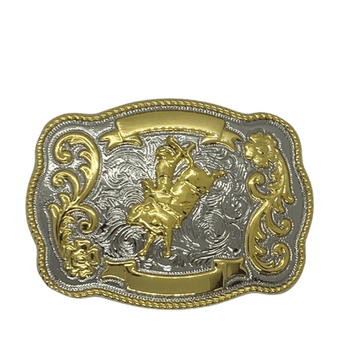 Children's Bull Ride Rodeo Western Shine Belt Buckle with engraved bull rider design on a polished silver background