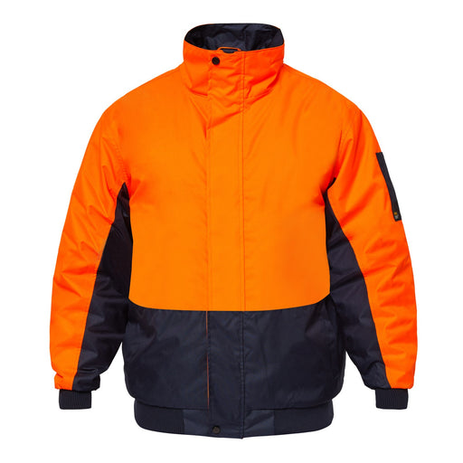 Hi-Vis Modern Bomber Jacket in bright yellow with reflective safety strips, front zipper closure, and adjustable waistband.