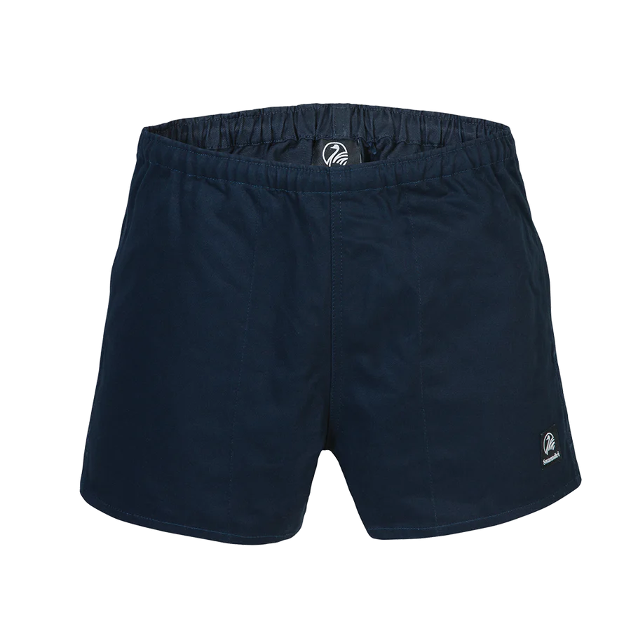 Close-up of 100% cotton drill fabric in navy rugby short, highlighting durable texture.