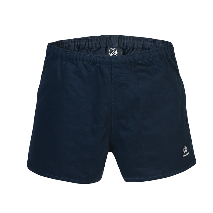 Close-up of 100% cotton drill fabric in navy rugby short, highlighting durable texture.
