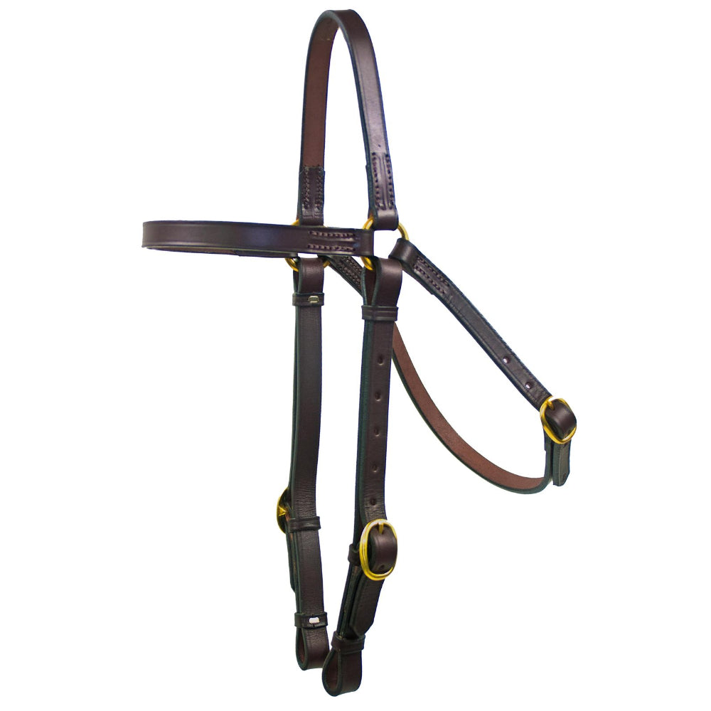 Premium leather horse bridle with brass fittings, adjustable noseband, detailed browband, and matching reins; designed for durability, comfort, and classic equestrian style.