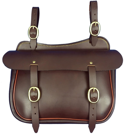 Leather straight saddle bag – handmade brown leather with buckle straps