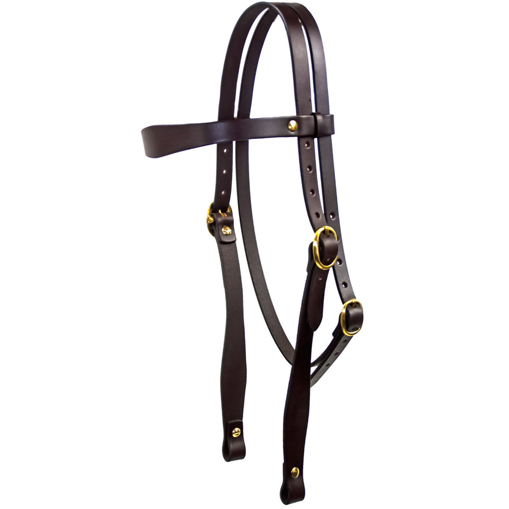 Campdraft leather bridle with brass fittings – front view
