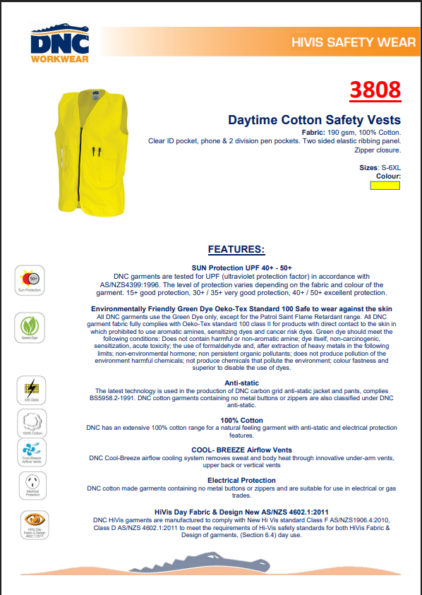 Detailed specifications of DNC Daytime Cotton Safety Vest including 190gsm 100% cotton fabric, UPF 40+ sun protection, Oeko-Tex green dye certification, anti-static and electrical protection features, Cool-Breeze airflow vents, clear ID pocket, phone and pen pockets, two-sided elastic ribbing, zipper closure, and sizes S to 6XL.