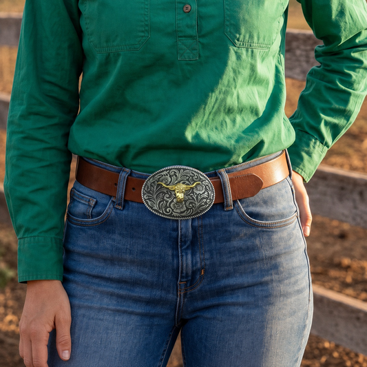 Floral Western Bull Head Belt Buckle
